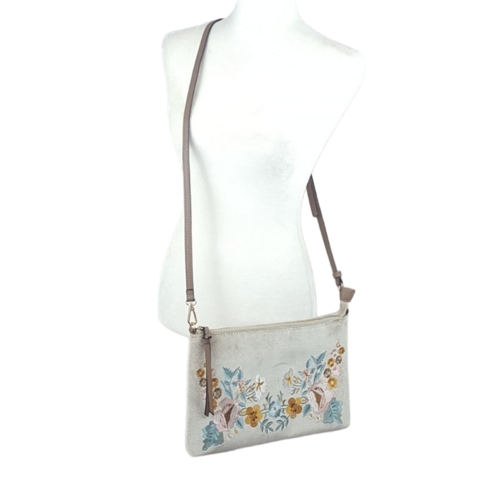 Urban Boutique Taupe Embroidered Floral and Velvet Crossbody‎